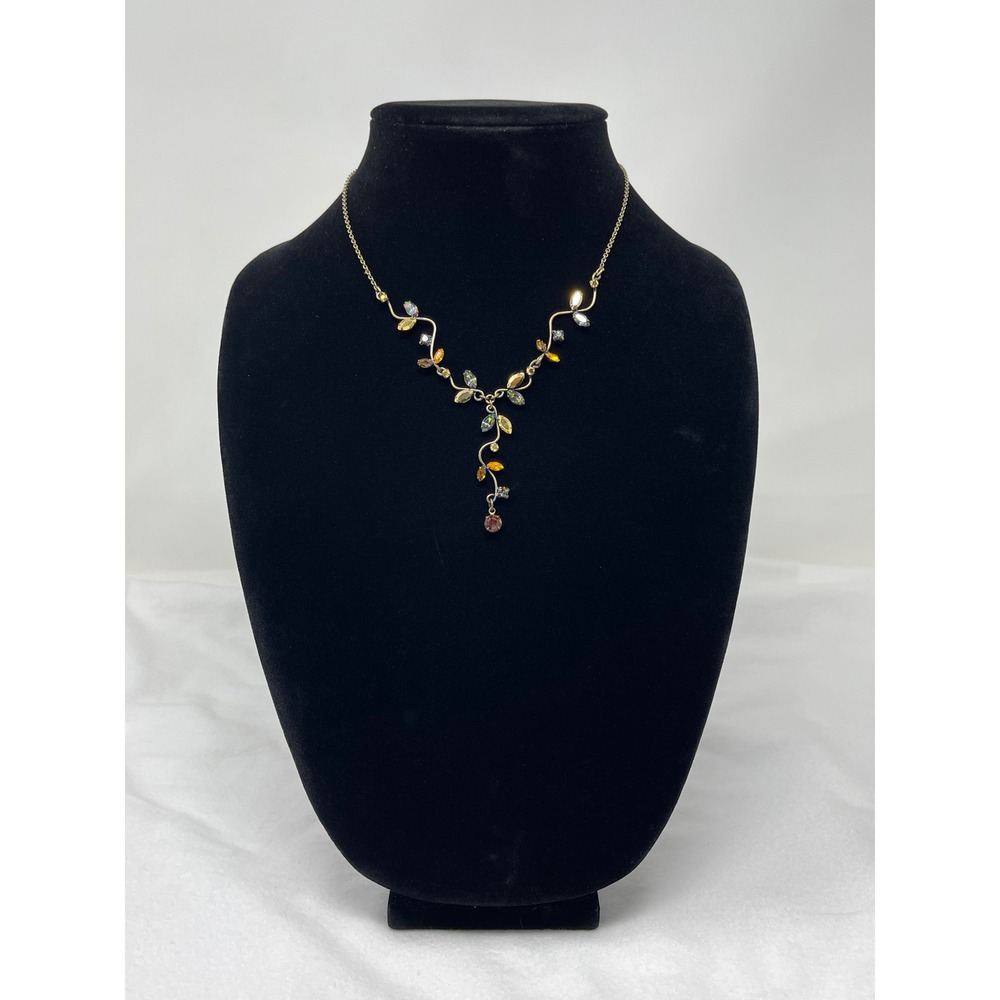 Avon Womens Iridescent Y Necklace OS Gold Floral Leaf Crystal